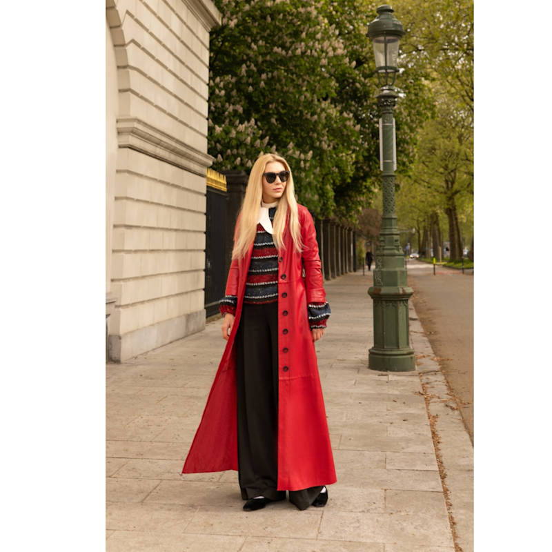 Thumbnail of Long Button-Up Eco-Leather Trench - Red image