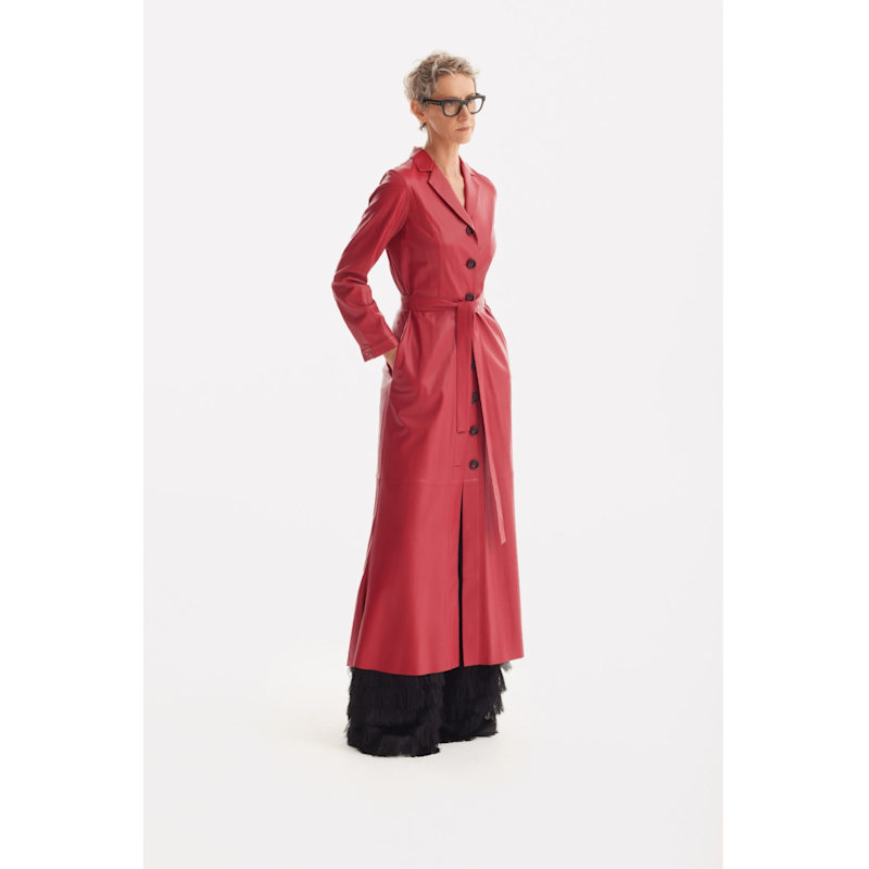 Thumbnail of Long Button-Up Eco-Leather Trench - Red image
