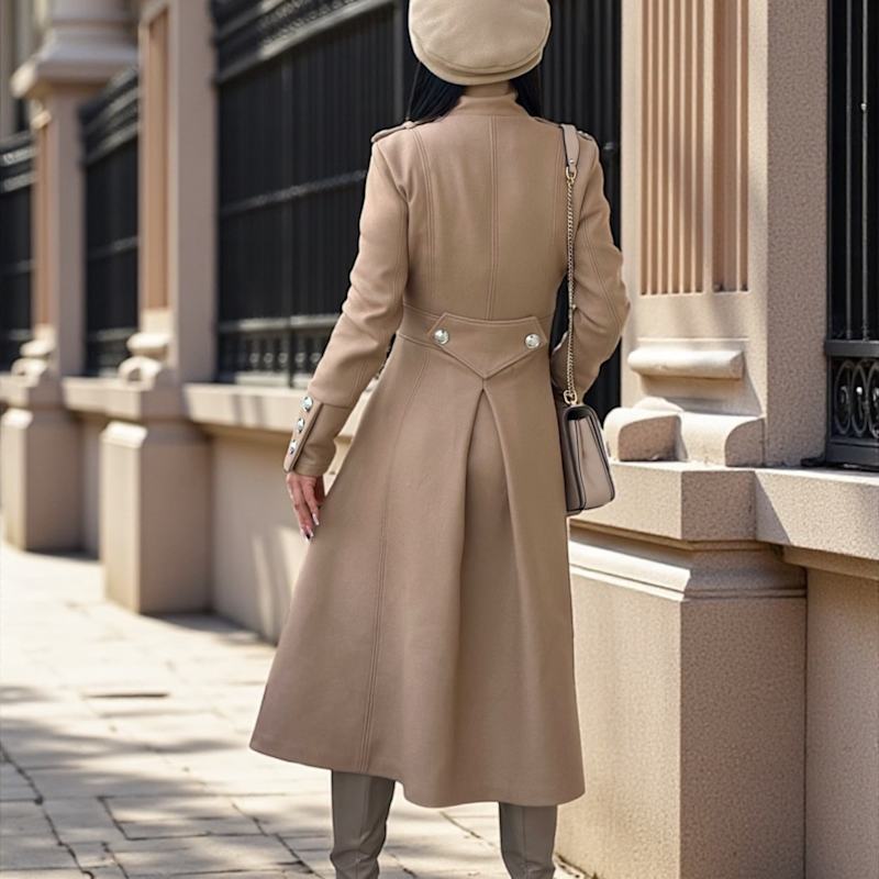 Long Camel Wool Coat With Lining – Elegant Double-Breasted Women'S