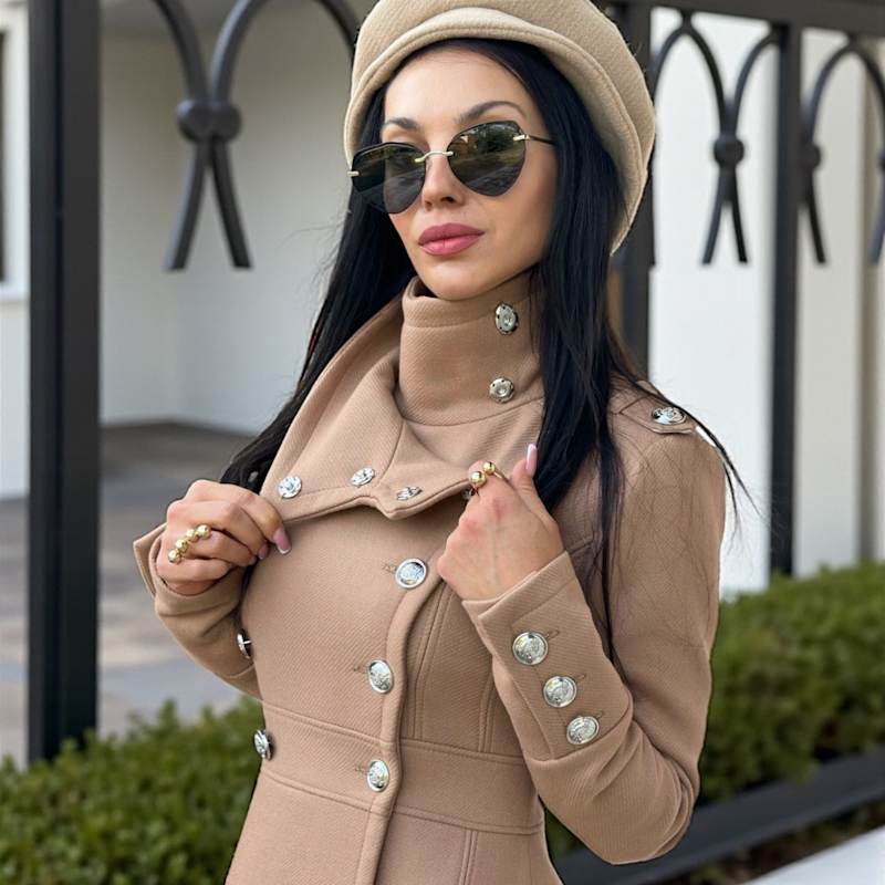 Long Camel Wool Coat With Lining – Elegant Double-Breasted Women'S