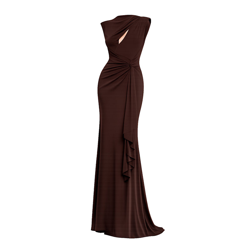 Thumbnail of Long Dress Draped At The Shoulder With Slit And Bow Brown image