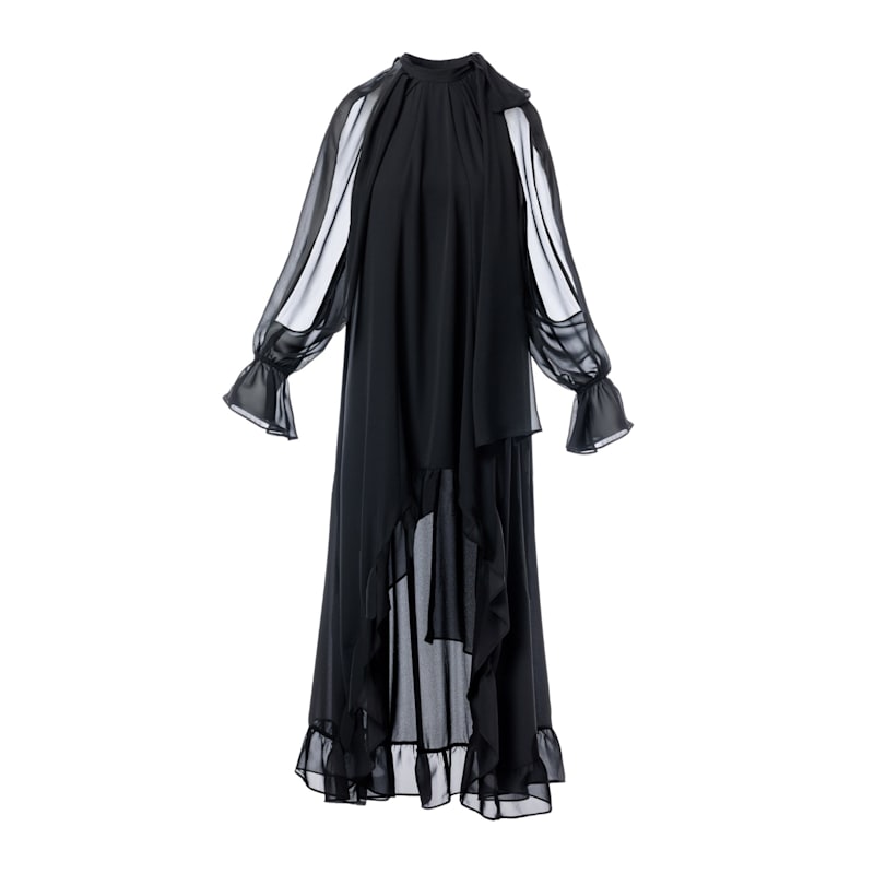 Long Dress With Split Bell Sleeves And A Slight Train concept A