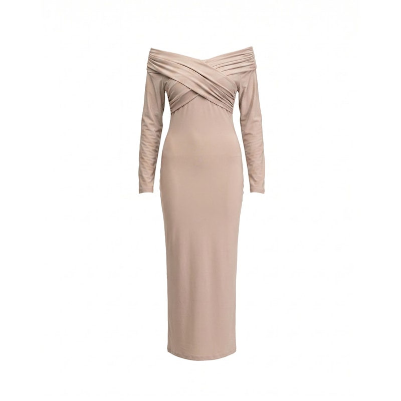 Thumbnail of Long Fitted Dress With Long Sleeves, V-Neck And Draped Detail On The Chest Beige image