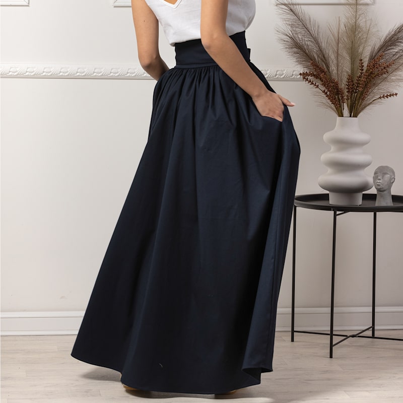【PORTERNA】Fring Flare Long Skirt Long Flared Skirt With High Waist & Front Bow In Dark Blue
