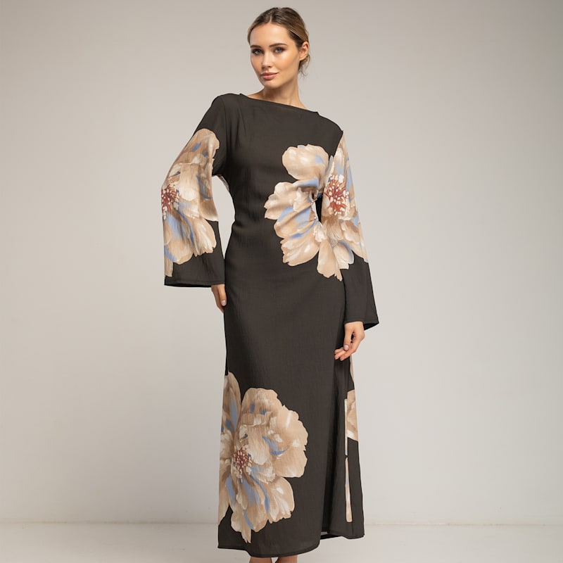 Thumbnail of Long Floral Dress With Round Neck And Straps At The Back Black image