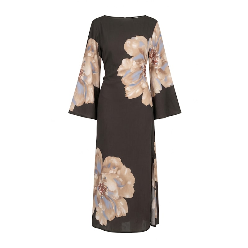 Thumbnail of Long Floral Dress With Round Neck And Straps At The Back Black image