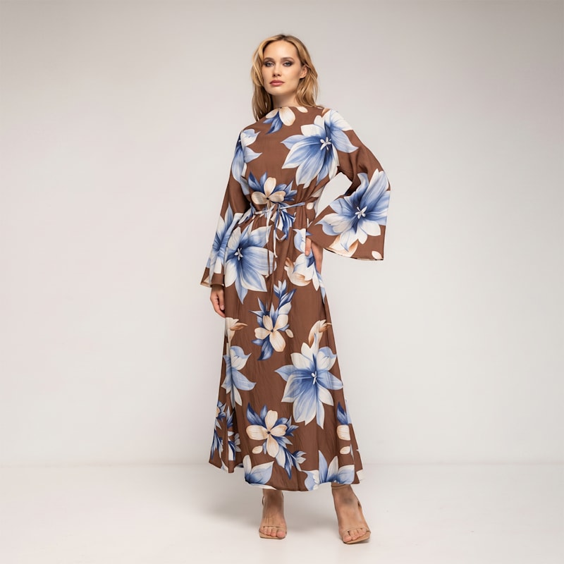 Long Floral Dress With Round Neckline Brown by TANTRA SPAIN SL
