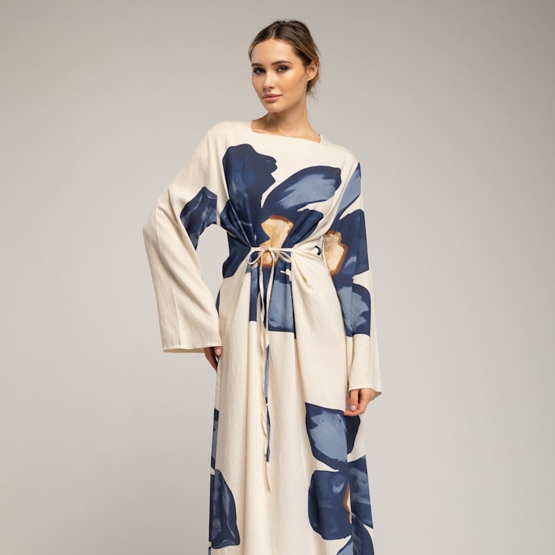 Thumbnail of Long Floral Dress With Square Neckline And Straps At The Back Navy image