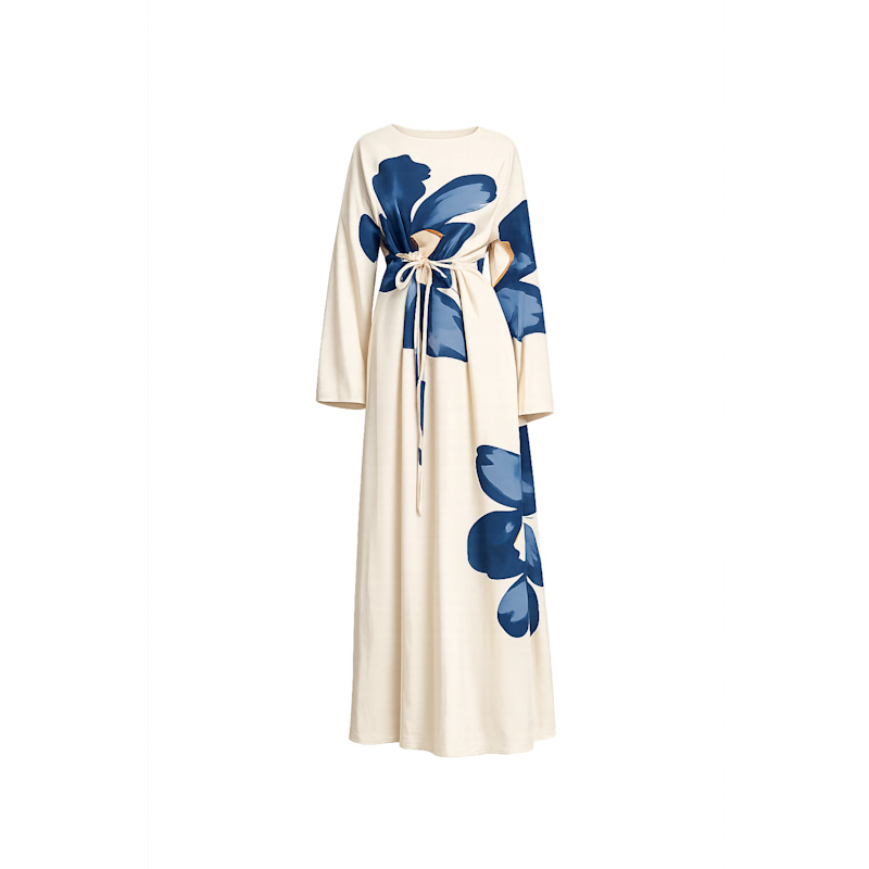 Thumbnail of Long Floral Dress With Square Neckline And Straps At The Back Navy image