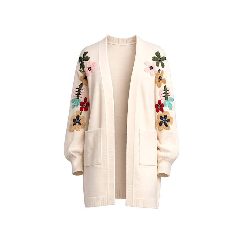 Long Knit Jacket With Embroidered Flowers On The Sleeves And Front