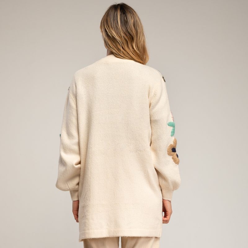 Long Knit Jacket With Embroidered Flowers On The Sleeves And Front