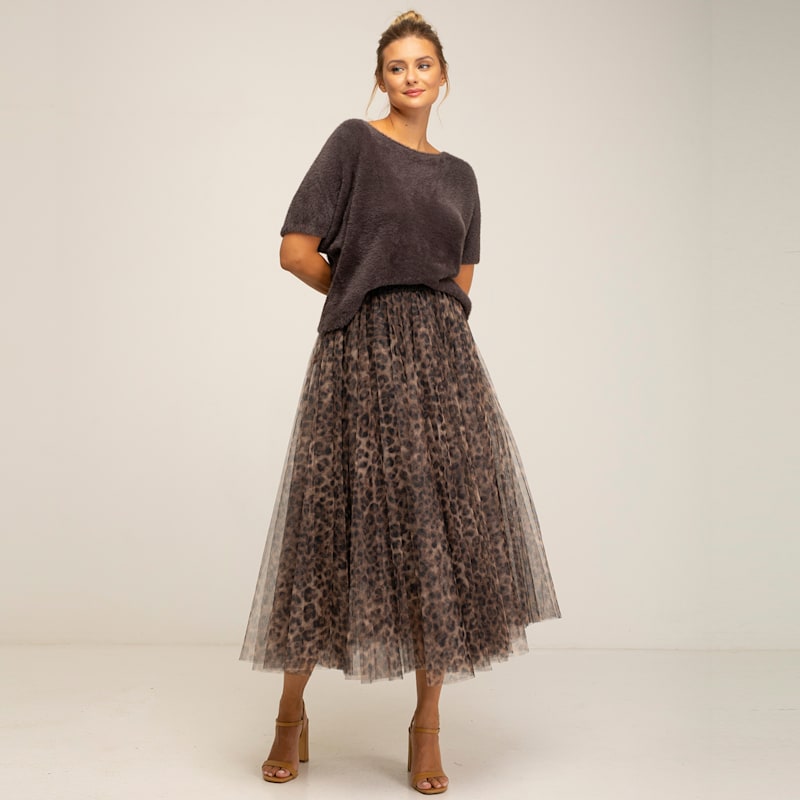 Thumbnail of Long Leopart Print Skirt In Net With Elastic Waist Brown image