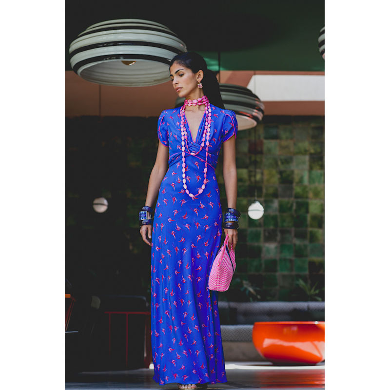 Long Millie Dress Blue Lovebirds Print | Libelula | Wolf & Badger