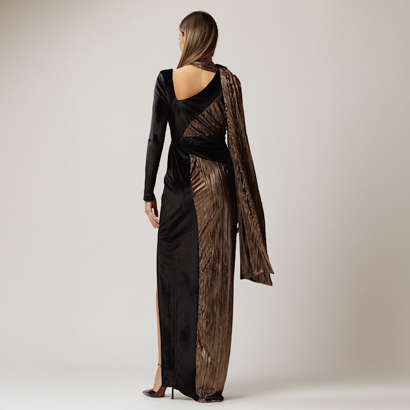Thumbnail of Long Plissé Bronze & Velvet Dress With Scarf At Back image