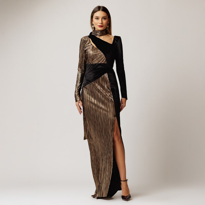 Thumbnail of Long Plissé Bronze & Velvet Dress With Scarf At Back image