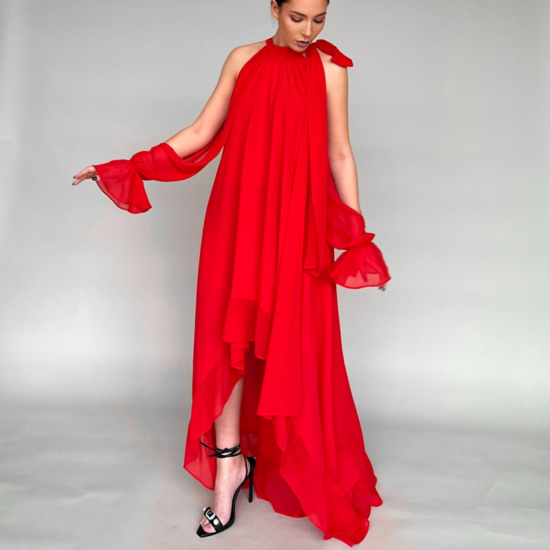 Long Red Dress With Train And Long Sleeves, Split