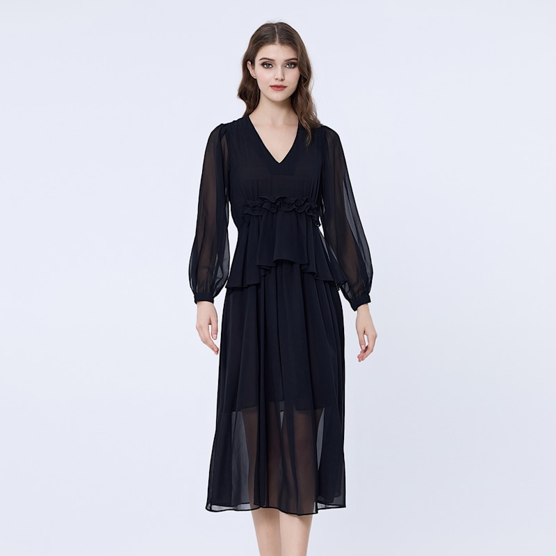 Long Ruffle Chiffon Dress - Black | Smart and Joy | Wolf & Badger