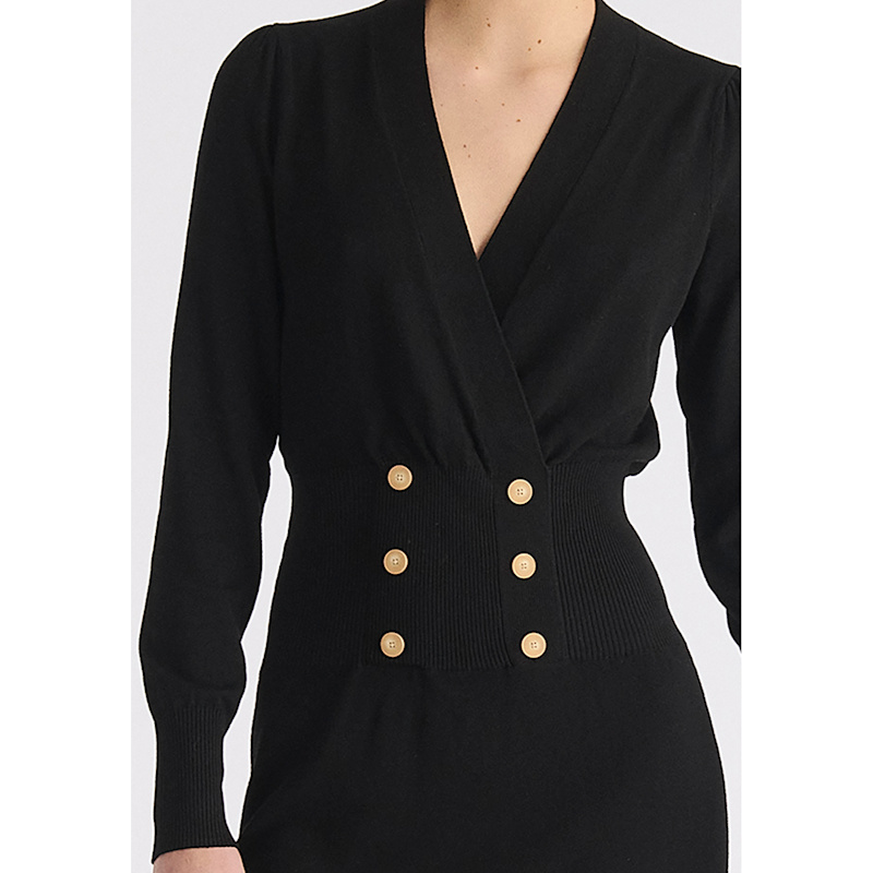 Thumbnail of Long Sleeve Knitted Button Wrap Dress In Black image