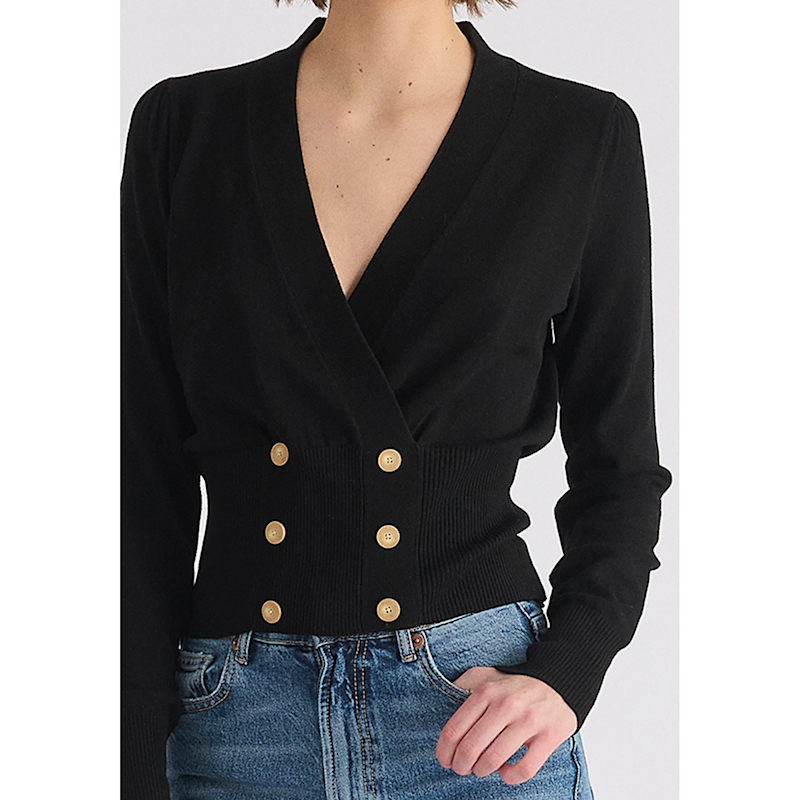 Long Sleeve Knitted Button Wrap Top In Black | PAISIE | Wolf & Badger
