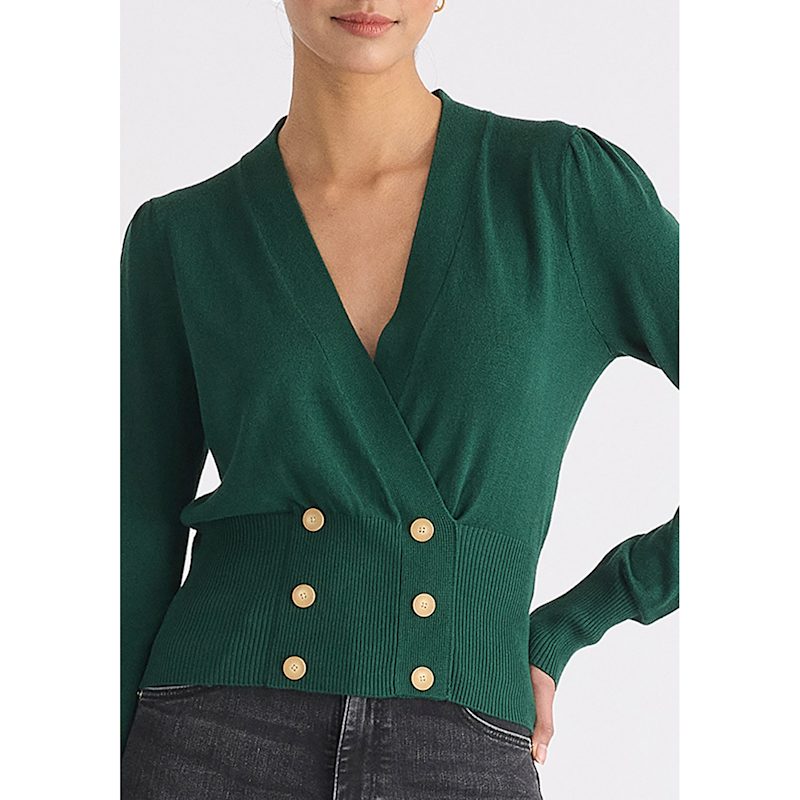 Long Sleeve Knitted Button Wrap Top In Green | PAISIE | Wolf & Badger