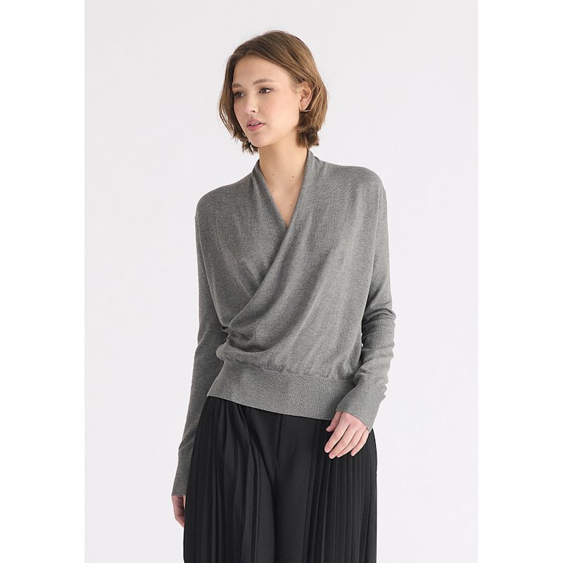 Thumbnail of Long Sleeve Knitted Wrap Top In Grey image