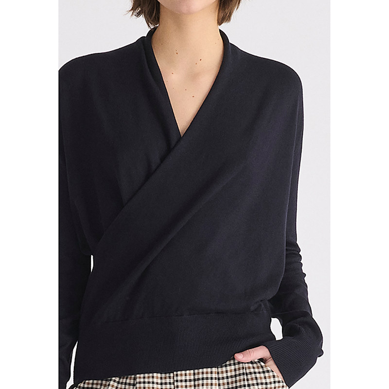 Thumbnail of Long Sleeve Knitted Wrap Top In Navy image
