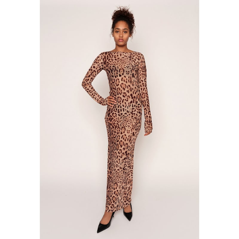 Long Sleeve Sheer Leopard Print Maxi Dress by AMAANALUX