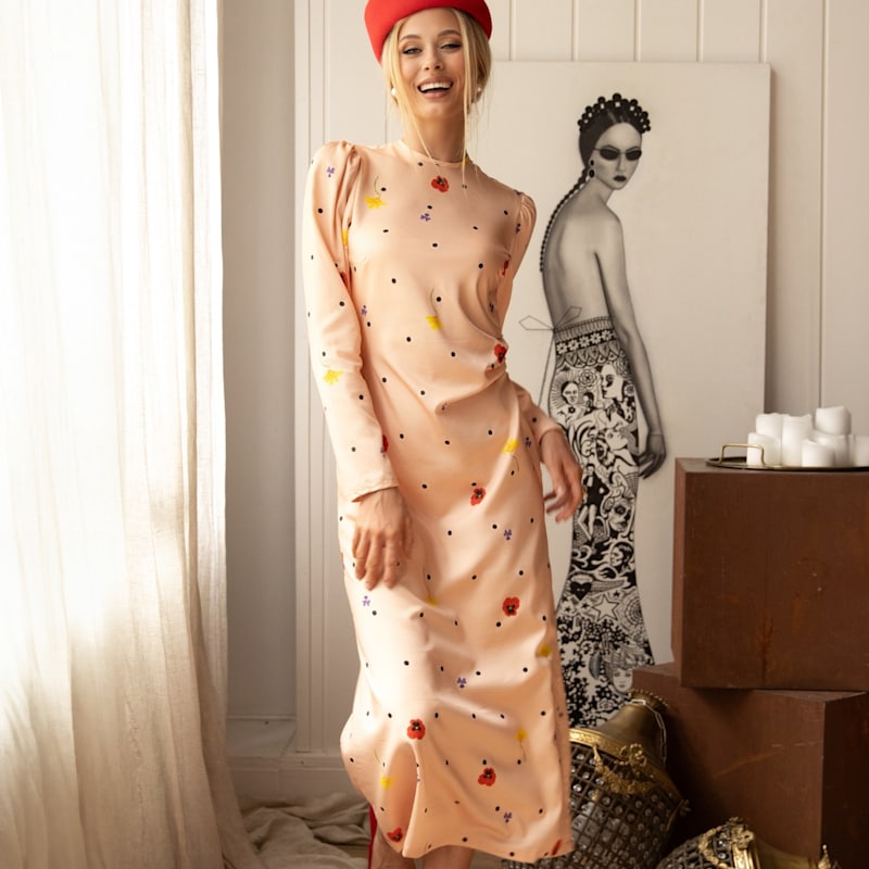 Long Sleeve Pink Midi Dress: Peach Blossom | RainSisters | Wolf & Badger