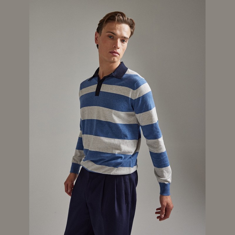 Thumbnail of Long Sleeved Rugby Stripe Polo Shirt - Denim Blue & Silver image