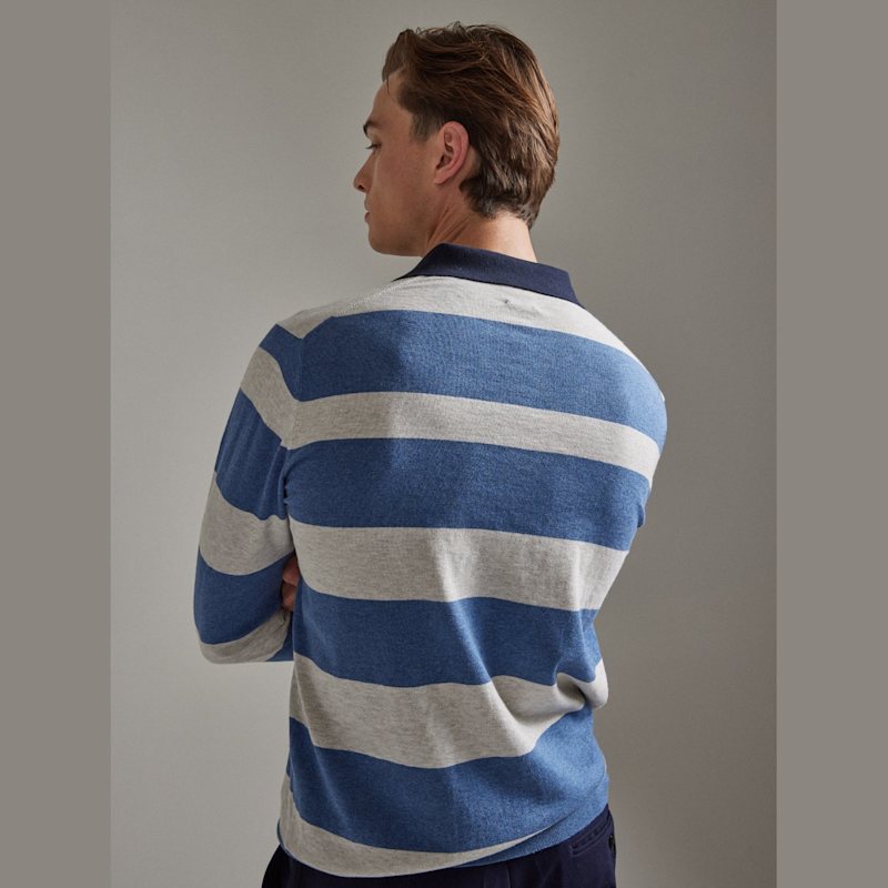 Thumbnail of Long Sleeved Rugby Stripe Polo Shirt - Denim Blue & Silver image