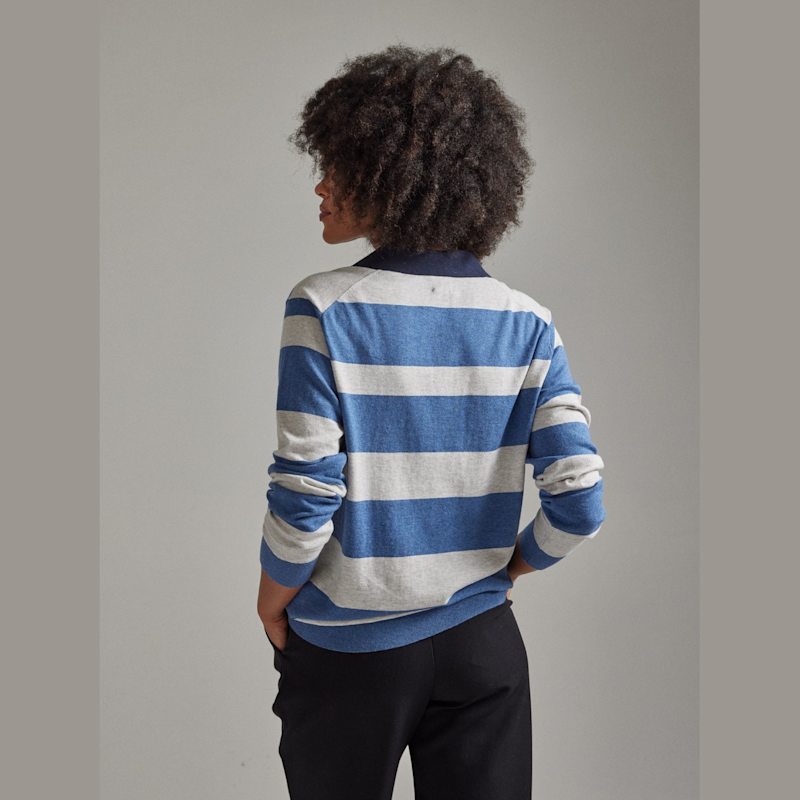 Thumbnail of Long Sleeved Rugby Stripe Polo Shirt - Denim Blue & Silver image