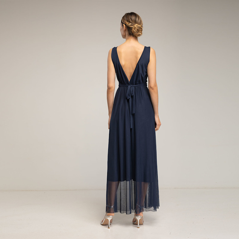 Thumbnail of Long Tulle Dress With Straps, Pleated Waist, And Flared Skirt Navy image