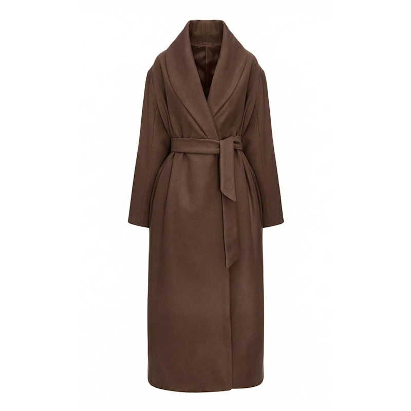 Long Wool Blend Coat With Rounded Lapels In Brown | BLUZAT | Wolf & Badger