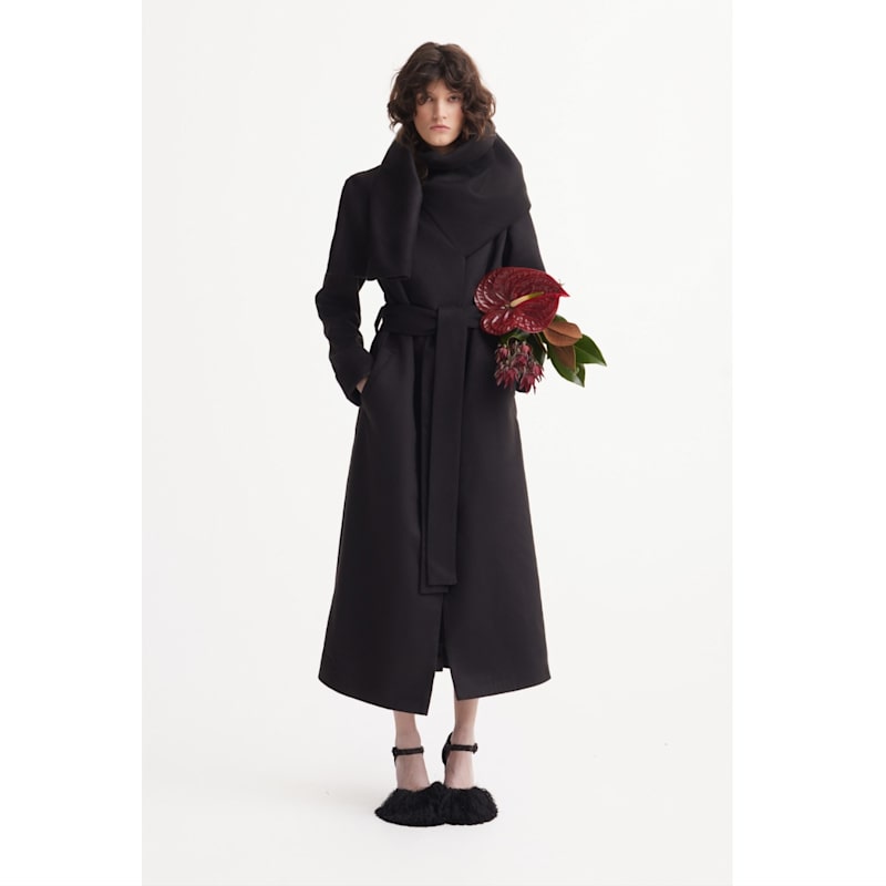 Long Wrap Coat With Drape Collar Black | Julia Allert | Wolf & Badger