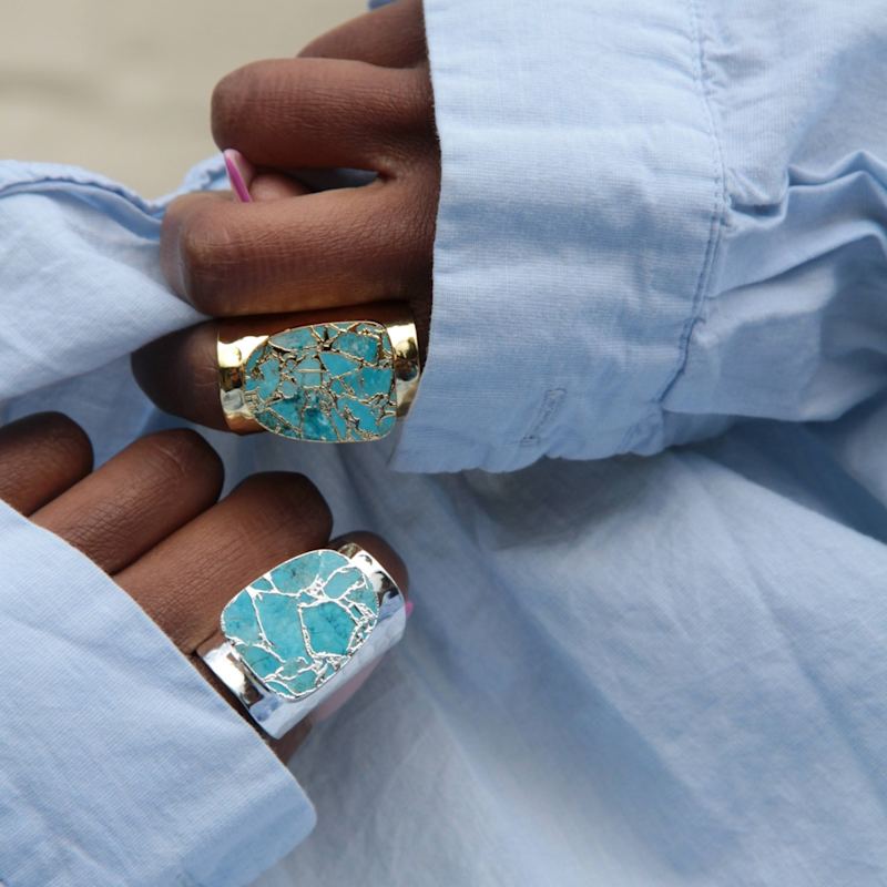 Thumbnail of Longline Molten Turquoise Stone Silver Cuff Statement Ring image