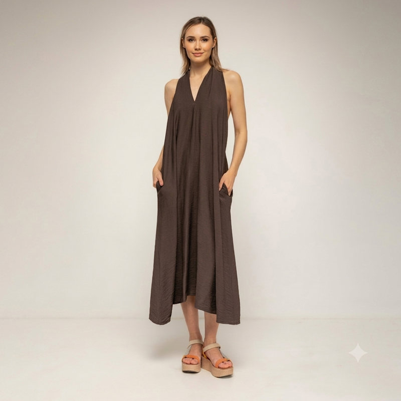 loose halter dress Loose-Fitting Midi With A Neckline Brown | TANTRA SPAIN SL Shein