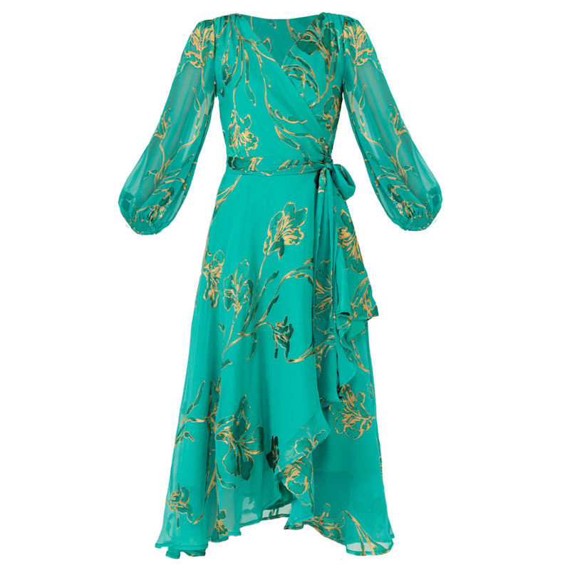 Thumbnail of Lorelei Wrap Midi Dress In Jade Gold Floral image