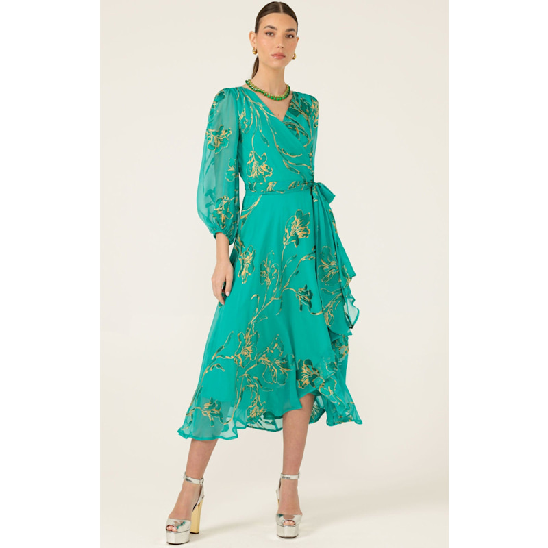 Thumbnail of Lorelei Wrap Midi Dress In Jade Gold Floral image