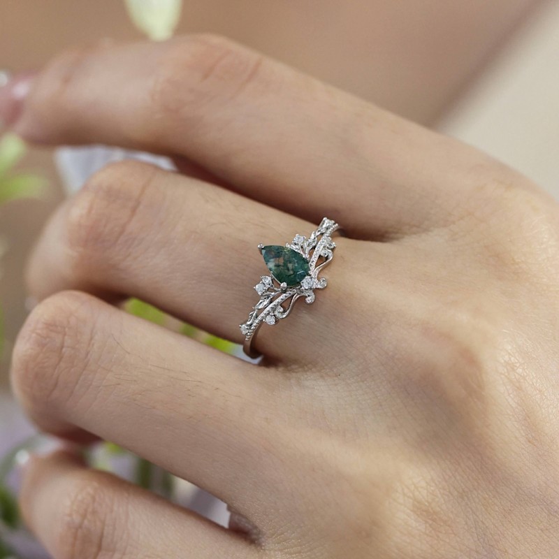 Thumbnail of Lotus Moss Agate Ring White Gold Vermeil© - Smaller Center Stone image