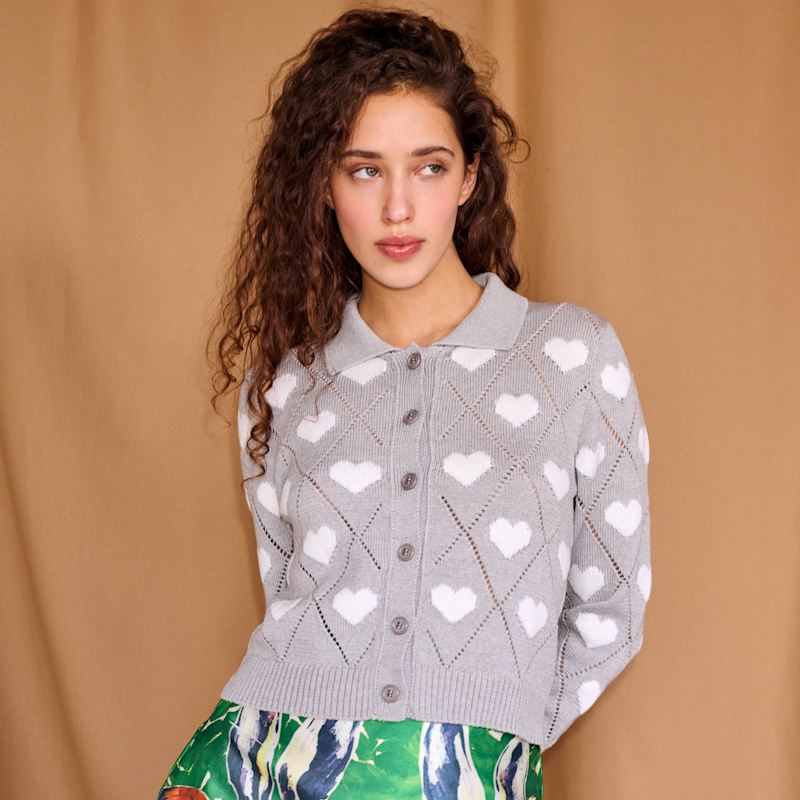 Love Polo Cardigan In Light Grey Ivory GiGi Knitwear Wolf