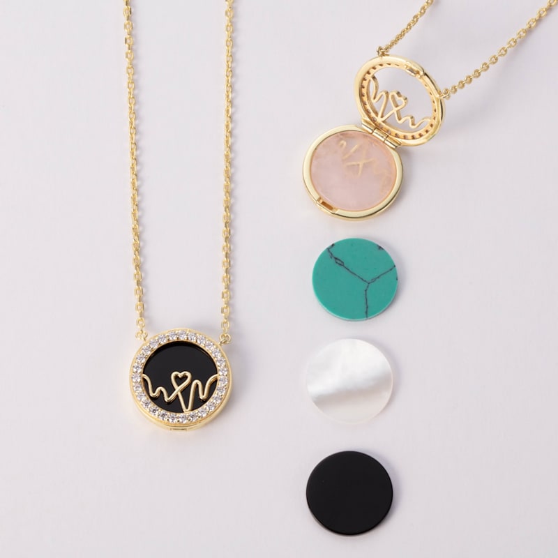 Thumbnail of New - Loves Frequency™ Gold Vermeil Heartbeat Locket/Necklace With Rose Quarts, Mother Of Pearl & Black Onyx image