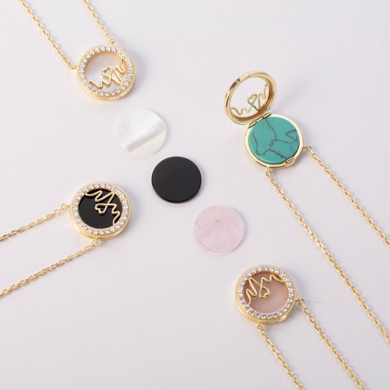 Thumbnail of New - Loves Frequency™ Gold Vermeil Heartbeat Locket/Necklace With Rose Quarts, Mother Of Pearl & Black Onyx image