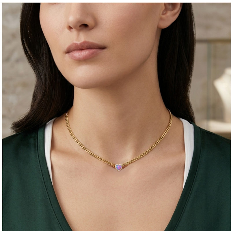 Thumbnail of Loves Frequency™ Mini Gold Plated Blue Fire Opal Heart Choker Necklace image