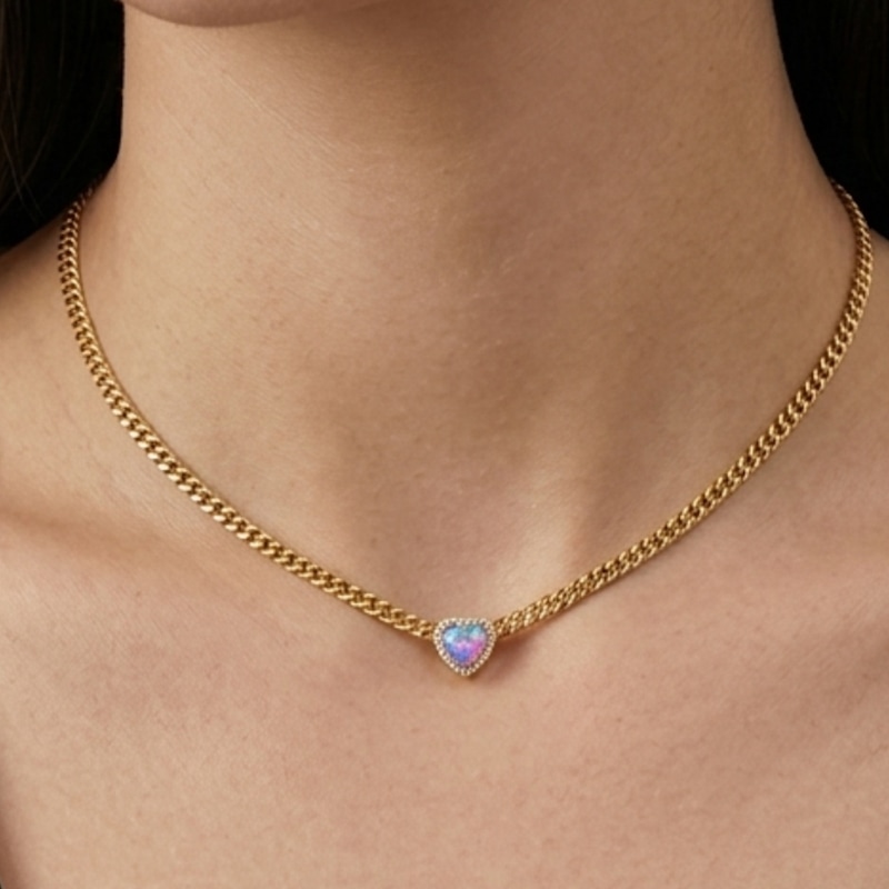 Thumbnail of Loves Frequency™ Mini Gold Plated Blue Fire Opal Heart Choker Necklace image