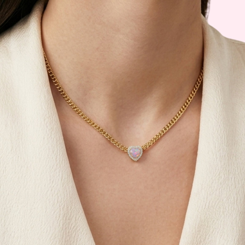 Thumbnail of Loves Frequency™ Mini Gold Plated Pink Fire Opal Heart Choker Necklace image