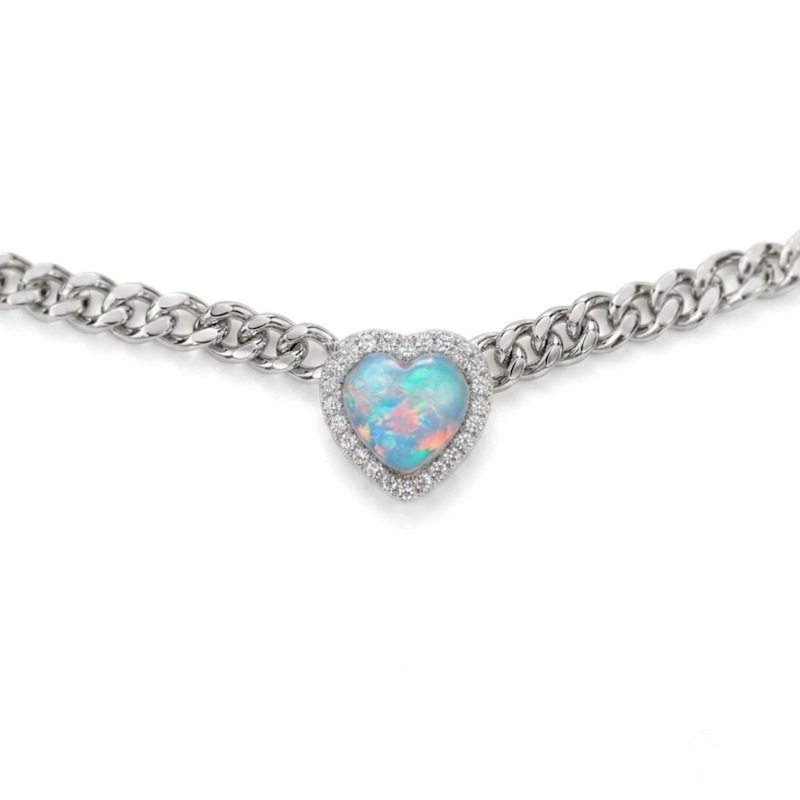 Thumbnail of Loves Frequency™ Mini Silver Plated Blue Fire Opal Heart Choker Necklace image