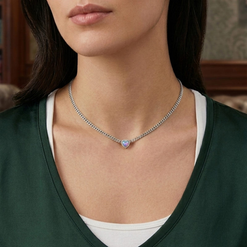 Thumbnail of Loves Frequency™ Mini Silver Plated Blue Fire Opal Heart Choker Necklace image