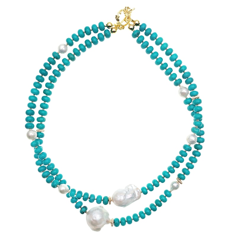 Thumbnail of Turquoise With Baroque Pearl Double Layers Statement Necklace image