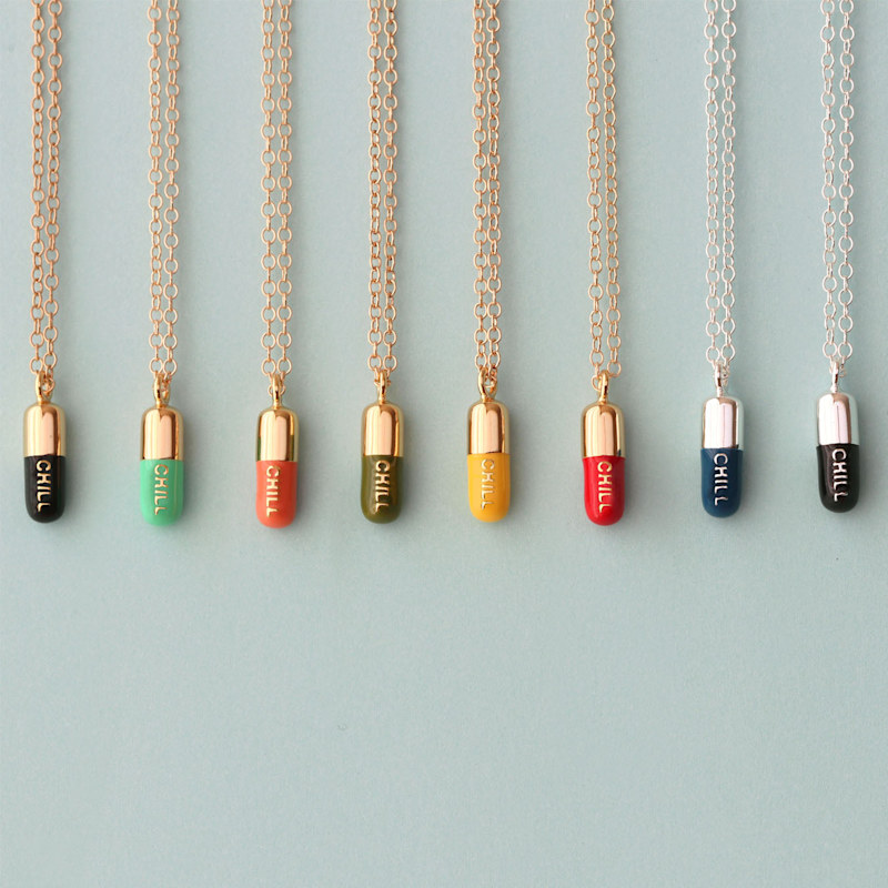 Thumbnail of Chill Pill Enamel Necklace Gold Filled & Emerald Enamel image