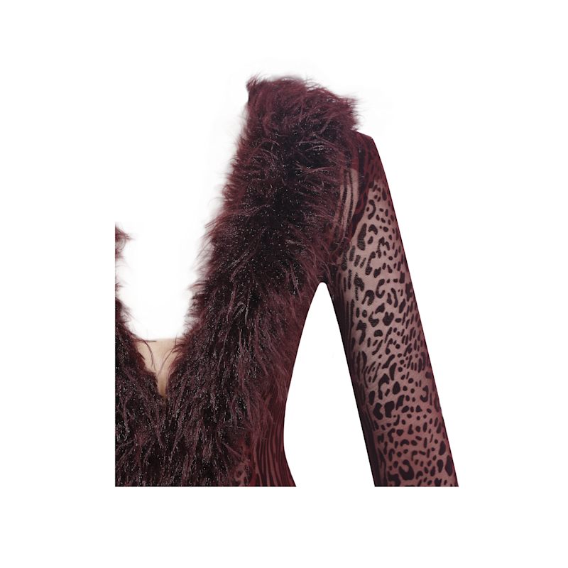 Thumbnail of Luana Burgundy Plunging Fur Trimmed Crochet Maxi Dress image